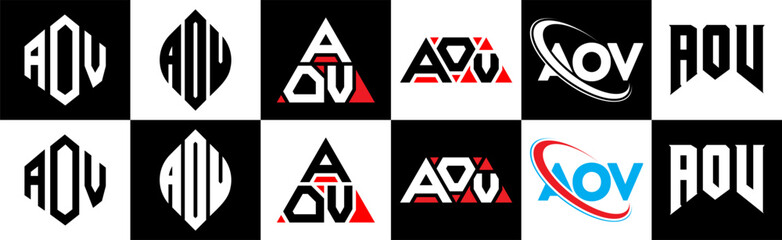 AOV letter logo design in six style. AOV polygon, circle, triangle, hexagon, flat and simple style with black and white color variation letter logo set in one artboard. AOV minimalist and classic logo