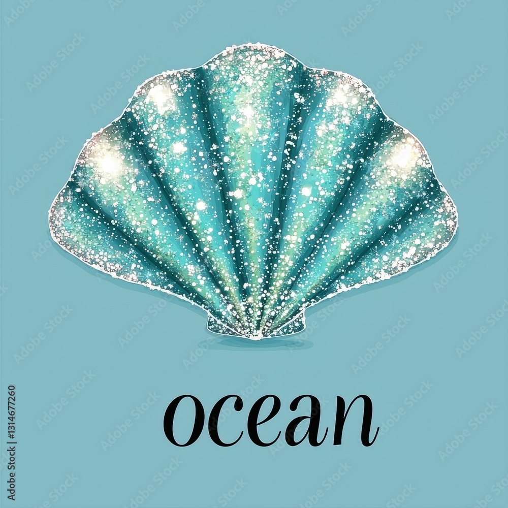 Poster sparkling turquoise seashell with ocean text on soft background for coastal inspired designs