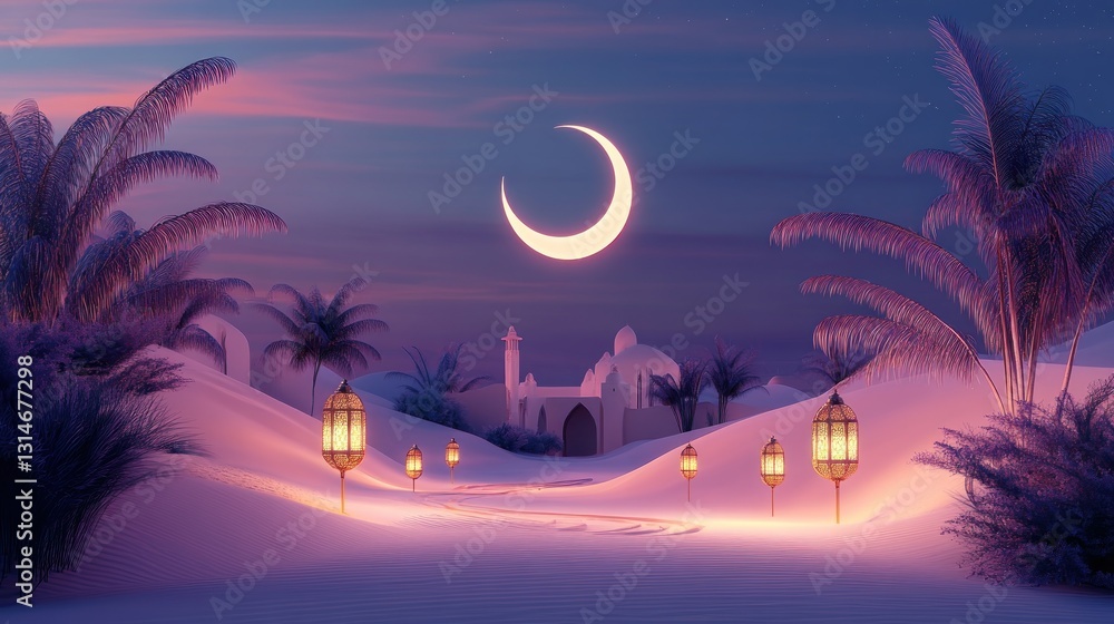Poster a serene desert scene at twilight with a crescent moon and glowing lanterns.