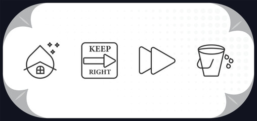 outline icons set - alert concept. water hose, keep right, ahead, water bucket.