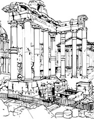 Obraz premium architecture, sketch, building, city, drawing, paris, vector, illustration, church, europe, street, old, art, travel, vintage, rome, cathedral, town, italy, house, ancient, landmark, tower, coloring p