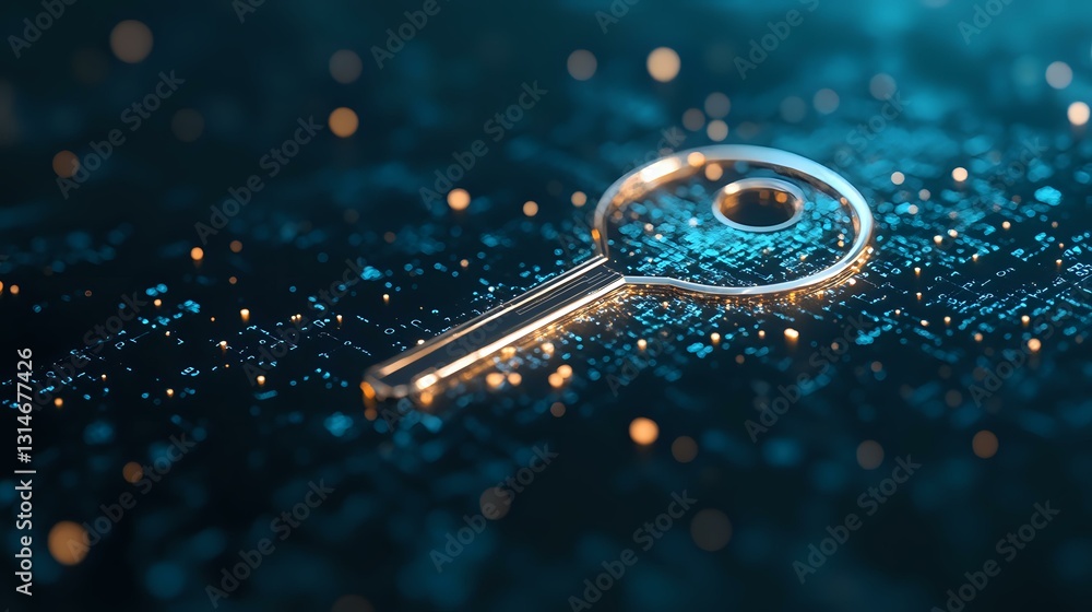 Poster metal key lying on dark surface with scattered water drops and blue glowing bokeh lights creating ma