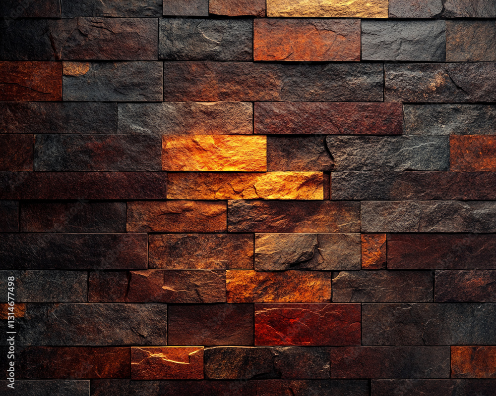 Poster Dark brown and orange stone brick wall texture, showing rough surface and varied tones, creating a rustic and warm visual, suitable for background or design element