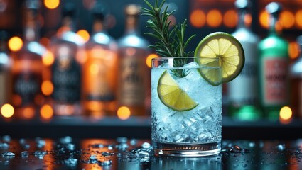 Gin tonic and rosemary cocktail drink featuring lime juice, sugar syrup, soda, and ice on a black bar counter backdrop.