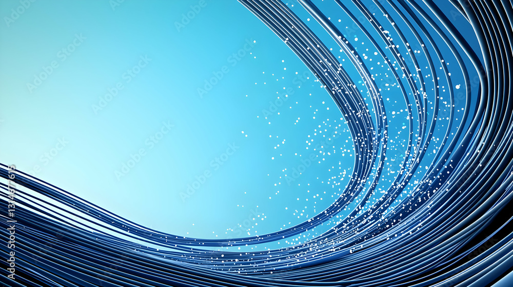 Poster dynamic blue abstract background with flowing curves and particles in modern design