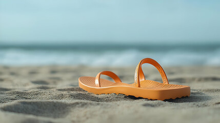 Single Orange Sandal Rests on Sandy Beach with Ocean Waves and Blue Sky in Background During a Summer Vacation