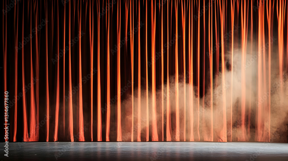 Poster illuminated red stage curtains with atmospheric smoke and dark background dramatic empty theater set