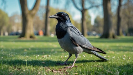 Fototapeta premium A jackdaw, which has black and gray feathers, is standing on the mowed grass of the lawn in the park during spring.