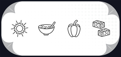 outline icons set - agriculture farming concept. sunny, cereals, capsicum, bale of hay.
