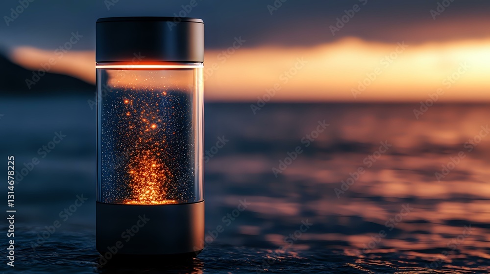 Poster glowing particles float inside glass container against sunset water background, creating magical atm