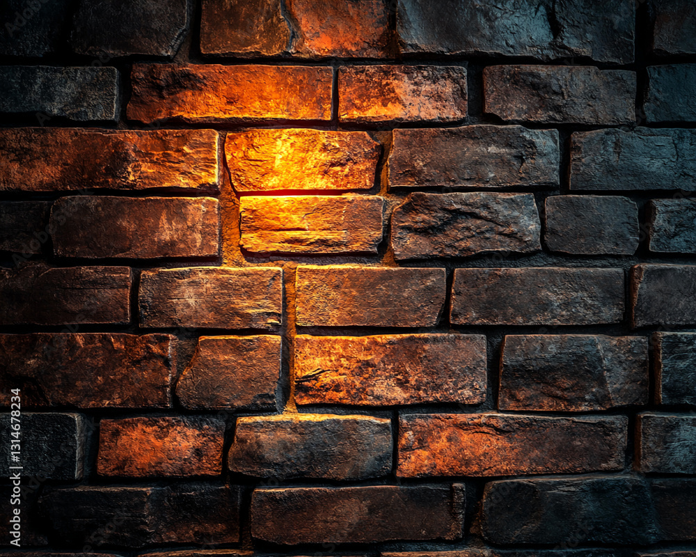 Poster dark brown brick wall texture, illuminated by warm orange light, creating a rustic and dramatic effe
