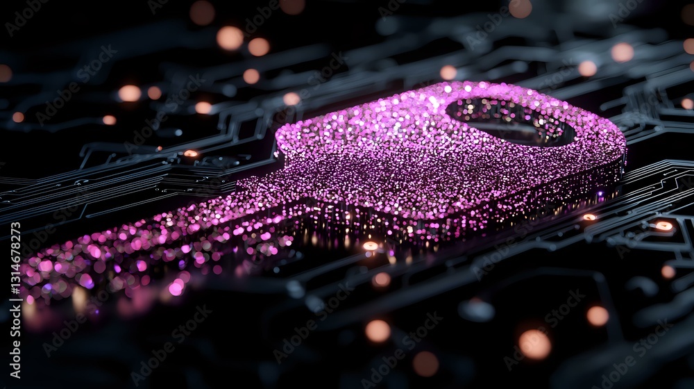 Poster pink glittery key on dark circuit board background with bokeh lights creates magical cybersecurity c