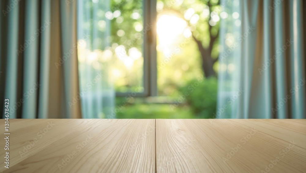 Poster empty wooden table surface in front of blurred curtains with a window view of greenery from the tree