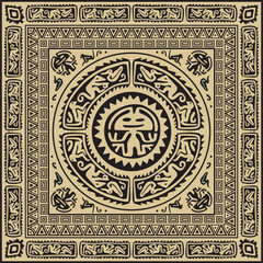 Vector black and gold native american folk ornament. Square pattern, scarf of the peoples of America, Aztec, Incas, Maya