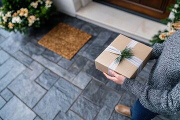 A woman carefully holds a beautifully wrapped gift with a fresh garnish as she approaches an inviting entrance, embodying the joy of giving and thoughtful gestures.