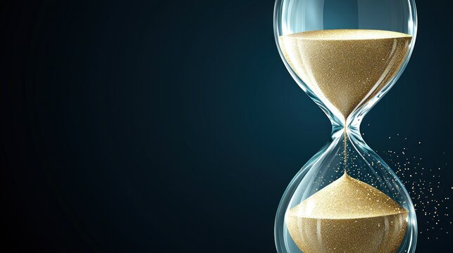 Hourglass, flowing sand, dark background, time passing