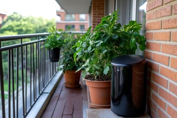 Obraz premium An urban balcony showcases vibrant greenery alongside a sleek trash bin, illustrating the blend of nature and contemporary design in modern living environments.