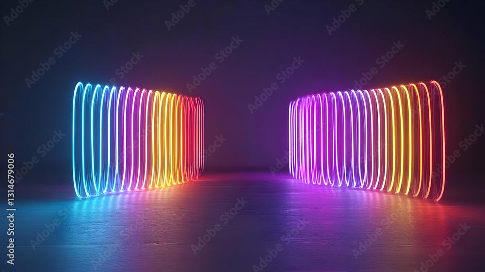 Poster vivid neon rainbow spectrum gradient light design on a reflective wet floor with a dark background