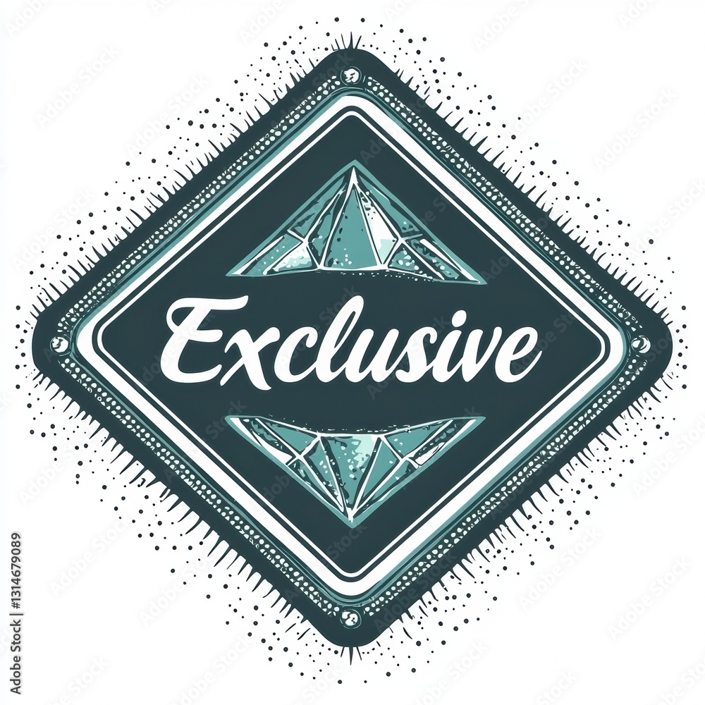 Poster teal diamond badge design featuring exclusive text in a unique flat layout