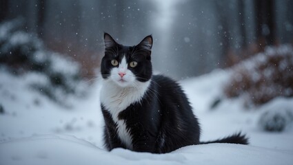 black and white cat sitting in the snow