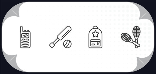 outline icons set - outdoor activities concept. walkie talkies, cricket, backpacks, racket.