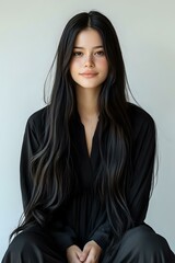 Fototapeta premium Young Asian woman with long flowing black hair wearing black outfit against light background, gentle smile and natural makeup for beauty and fashion portraits.