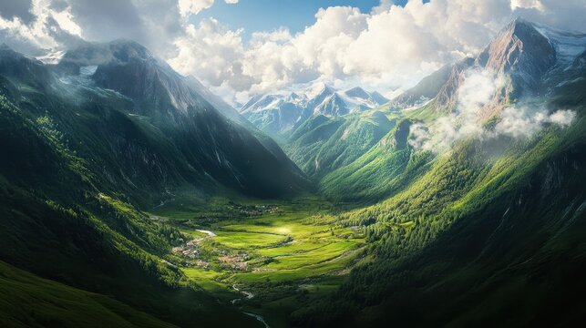 A valley nestled within towering mountains, where the natural surroundings create a comforting and secure environment, symbolizing peace and unity.