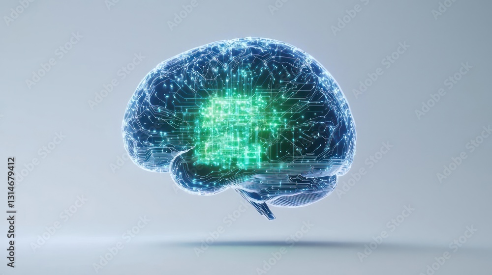 Poster digital glowing brain illustrating artificial intelligence and neural networks