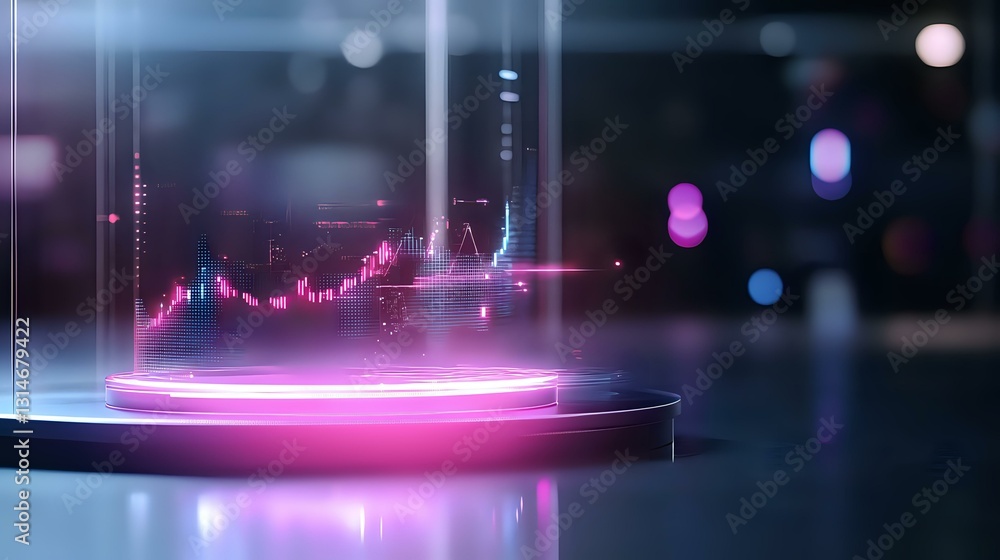 Aufkleber futuristic trading platform visualization with glowing pink chart hologram floating above circular p