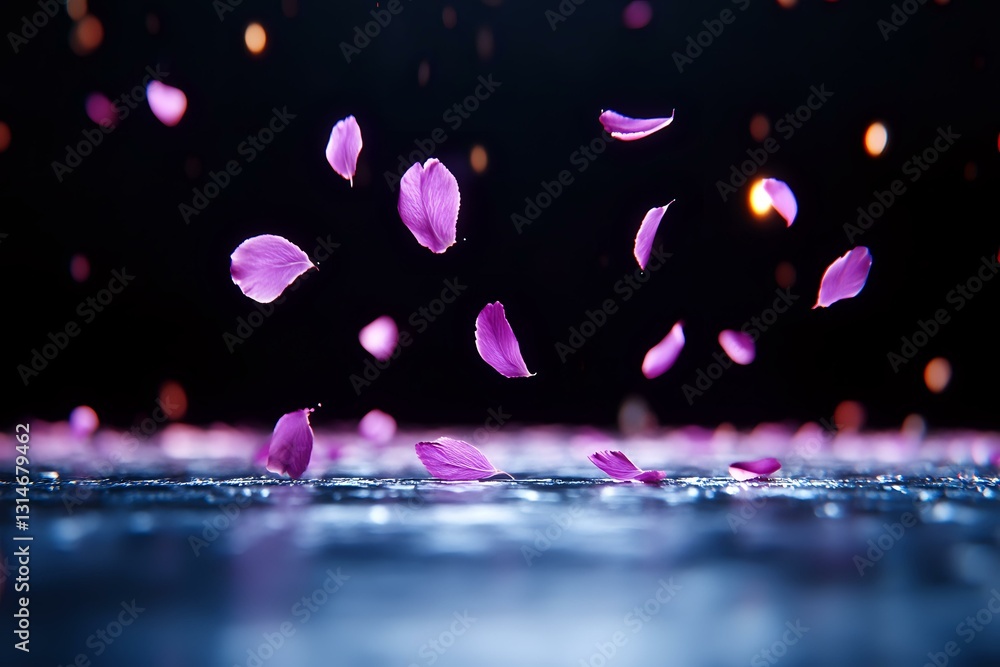Poster falling pink flower petals on dark reflective surface with bokeh lights in background, creating magi