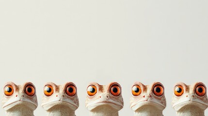 Five curious frogs staring with big orange eyes on white background