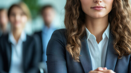 Female professional posing confidently, business team blurred, modern office setting, collaborative workspace environment