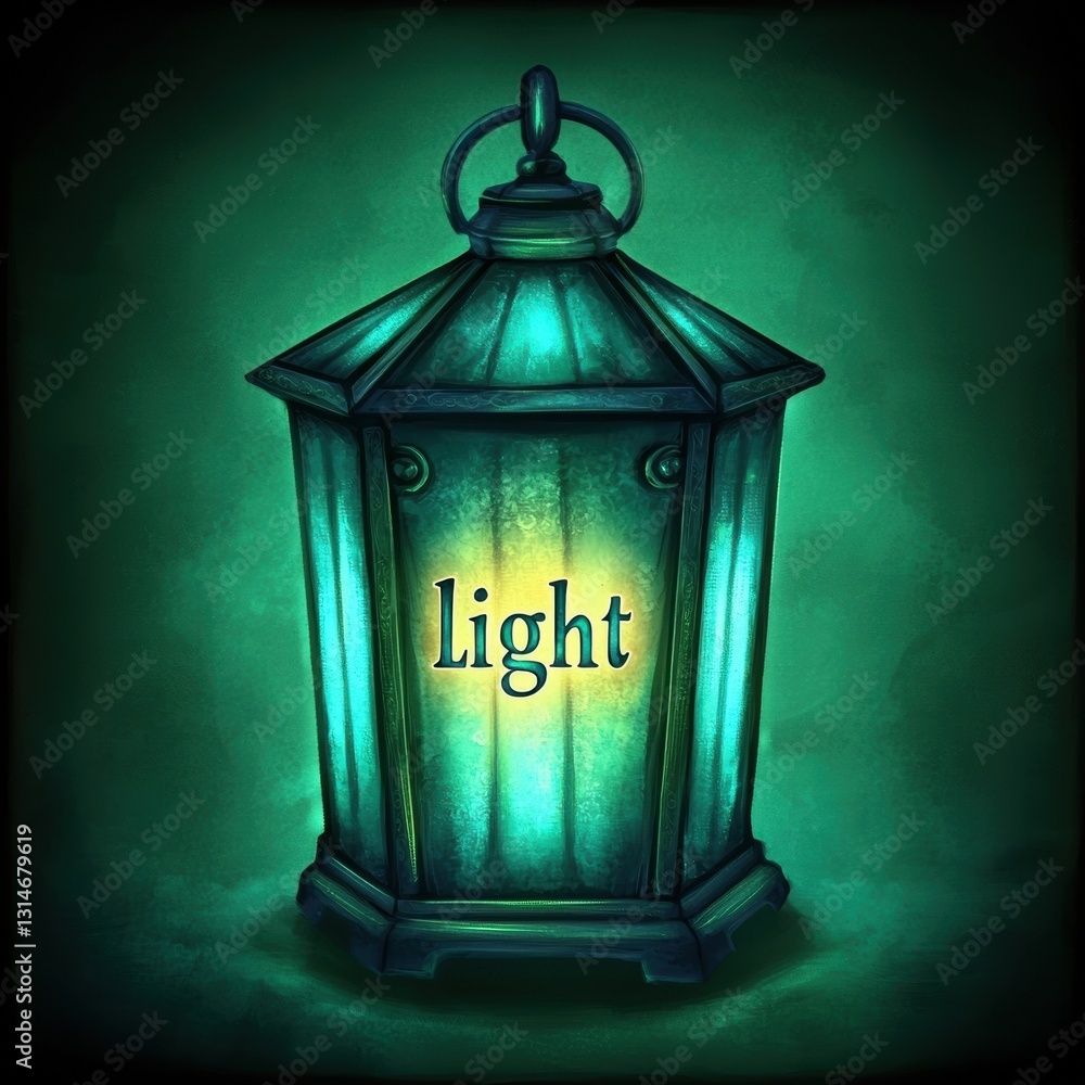 Poster softly glowing teal lantern illuminating text with gentle light in a dark background