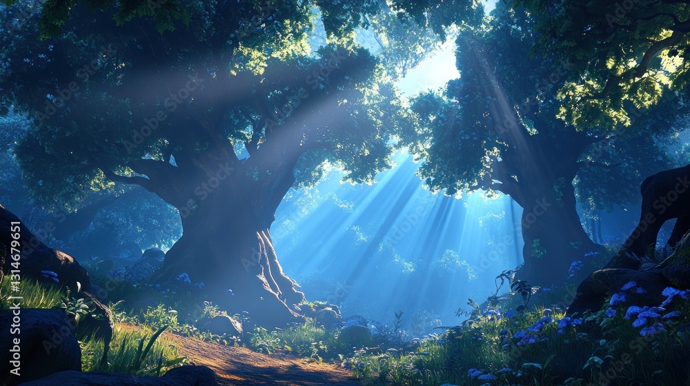 Aufkleber a serene forest scene with sunlight filtering through trees, creating a magical atmosphere.