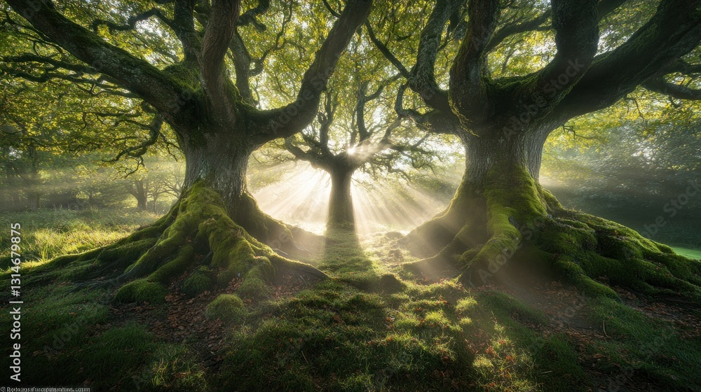 Poster enchanted forest scene with sunlight filtering through trees, creating a serene atmosphere.