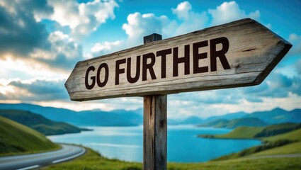 Wooden sign that says Go Further with a scenic background.