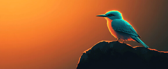 Teal bird perched on dark rock against orange sunset, showcasing serenity and freedom, ideal for nature or calm themes