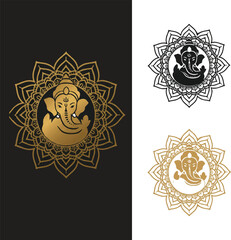 Luxury Ganesha Logo with Mandala in Gold and Black Variants