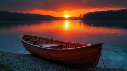 Naklejka premium A tranquil lakeside scene at sunset, showcasing a calm body of water reflecting vibrant orange and yellow hues in the sky.