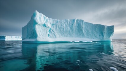 Iceberg in pristine water featuring a hidden danger. Ice floes in the ocean. Utilize copyspace for text and design.