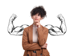 Business woman with drawing of strong arms behind her on white background
