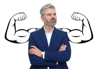 Confident businessman with drawing of strong arms behind him on white background