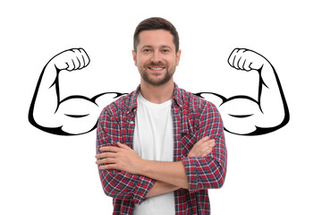 Confident man with drawing of strong arms behind him on white background