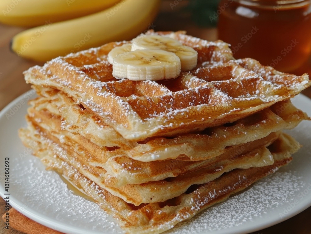 Poster stack of golden waffles topped with banana slices and powdered sugar drizzled with syrup in warm lig