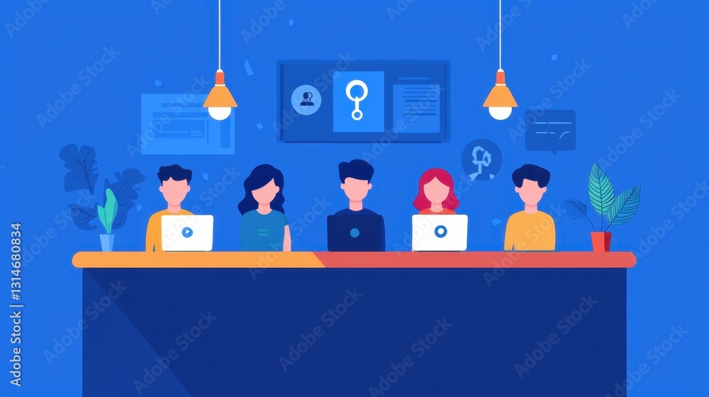 Poster virtual meeting on a large screen with multiple remote workers