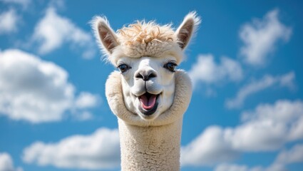 Obraz premium Funny smiling white alpaca against a blue sky backdrop.