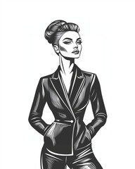  Sophisticated woman with an elegant bun and subtle makeup, dressed in a tailored suit with high-waisted trousers, engraving and scratch board style sketch, black and white illustration