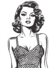 Vintage woman with a classic hairdo, donning a retro high-waisted dress with subtle patterns, engraving and scratch board style sketch, black and white illustration