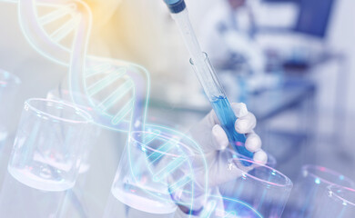 Biochemistry. Scientist working in laboratory, double exposure with test tubes and DNA structure