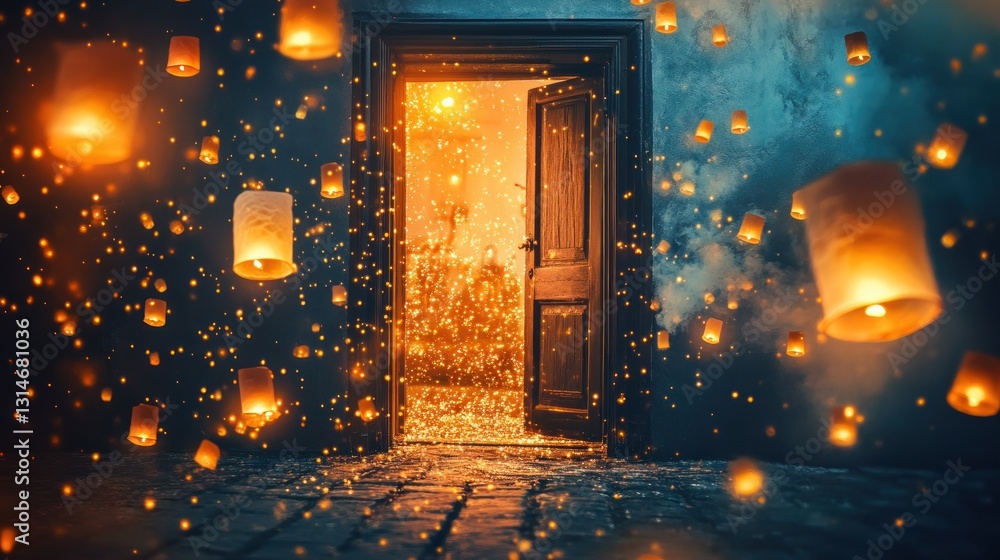 Aufkleber a mystical doorway illuminated by floating lanterns and glowing particles.